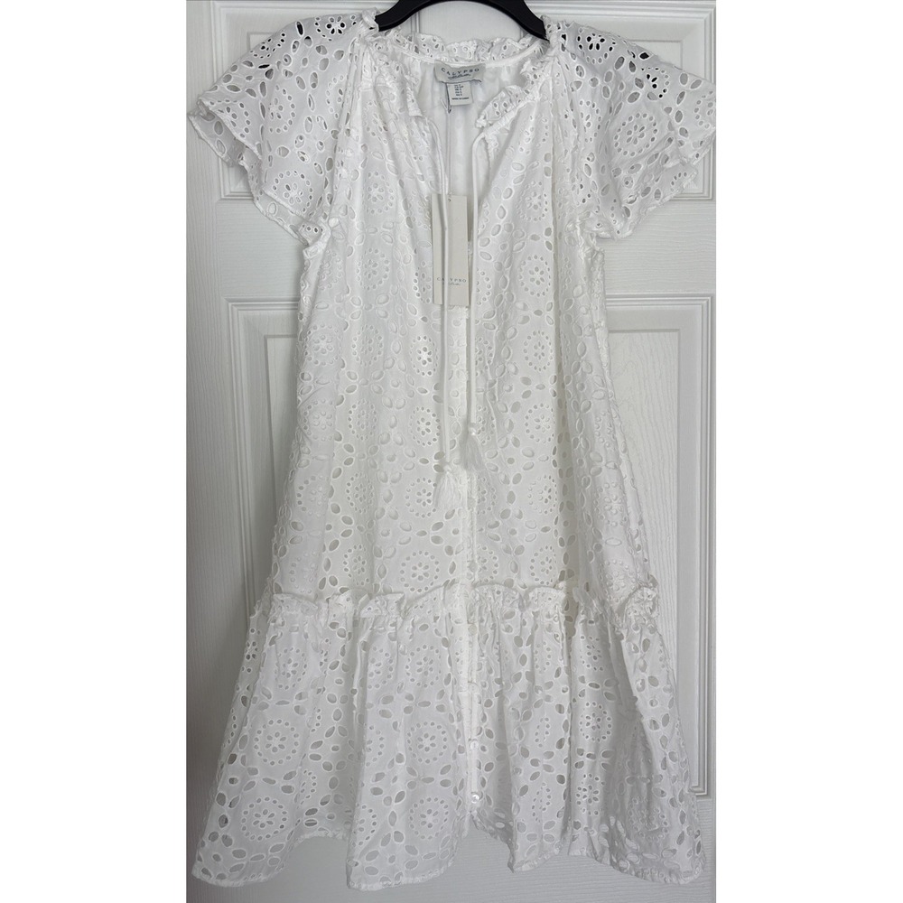Calypso St. Barth XS White Eyelet Tiered Mini Dress Cottagecore Coastal Beach